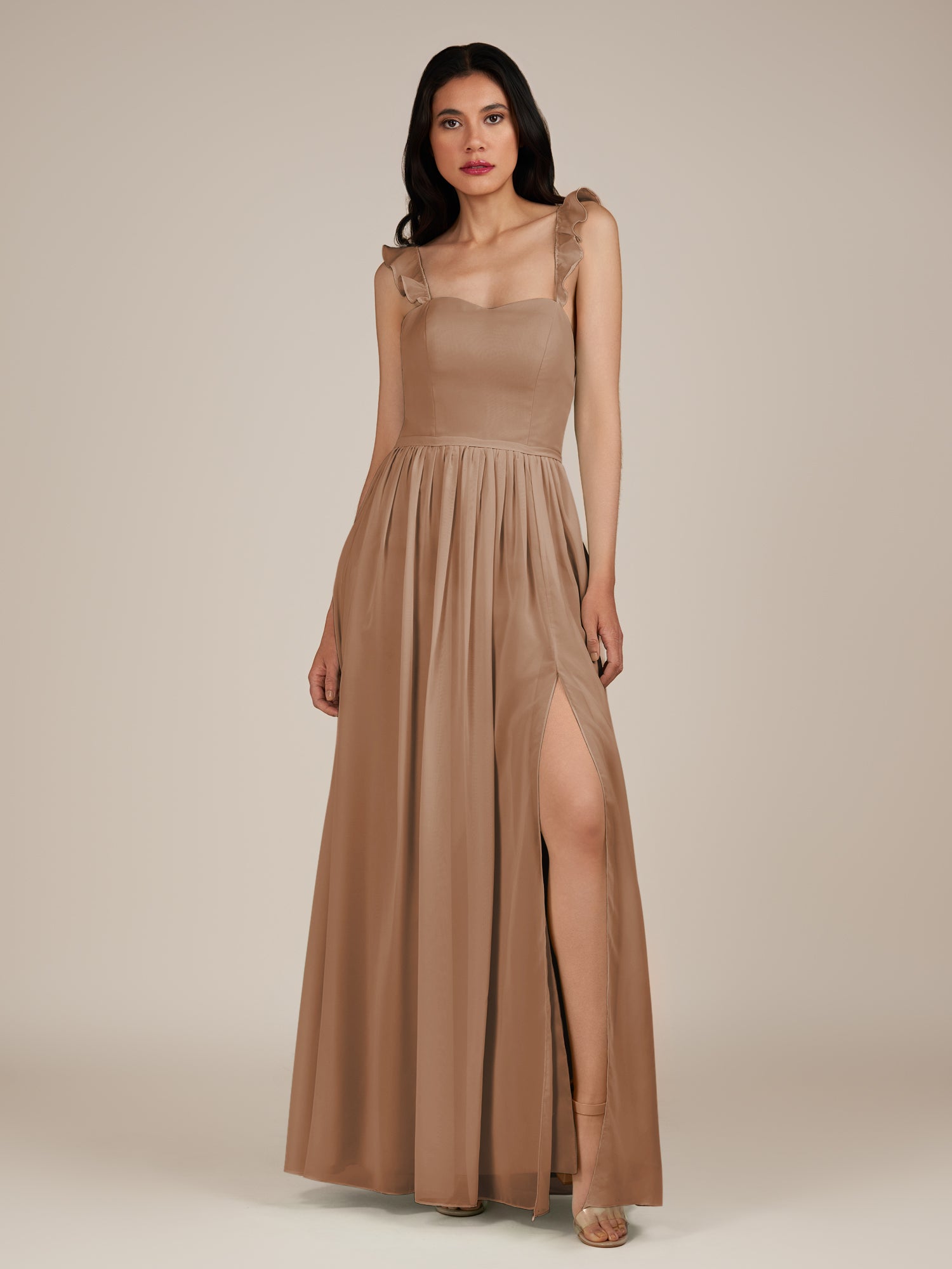KissDress-Onyx Bronzer A Line Sweetheart Chiffon Ruffled Long Bridesmaid Dress with Slit