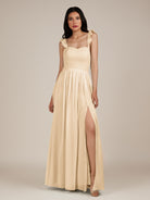 KissDress-Onyx Champagne A Line Sweetheart Chiffon Ruffled Long Bridesmaid Dress with Slit