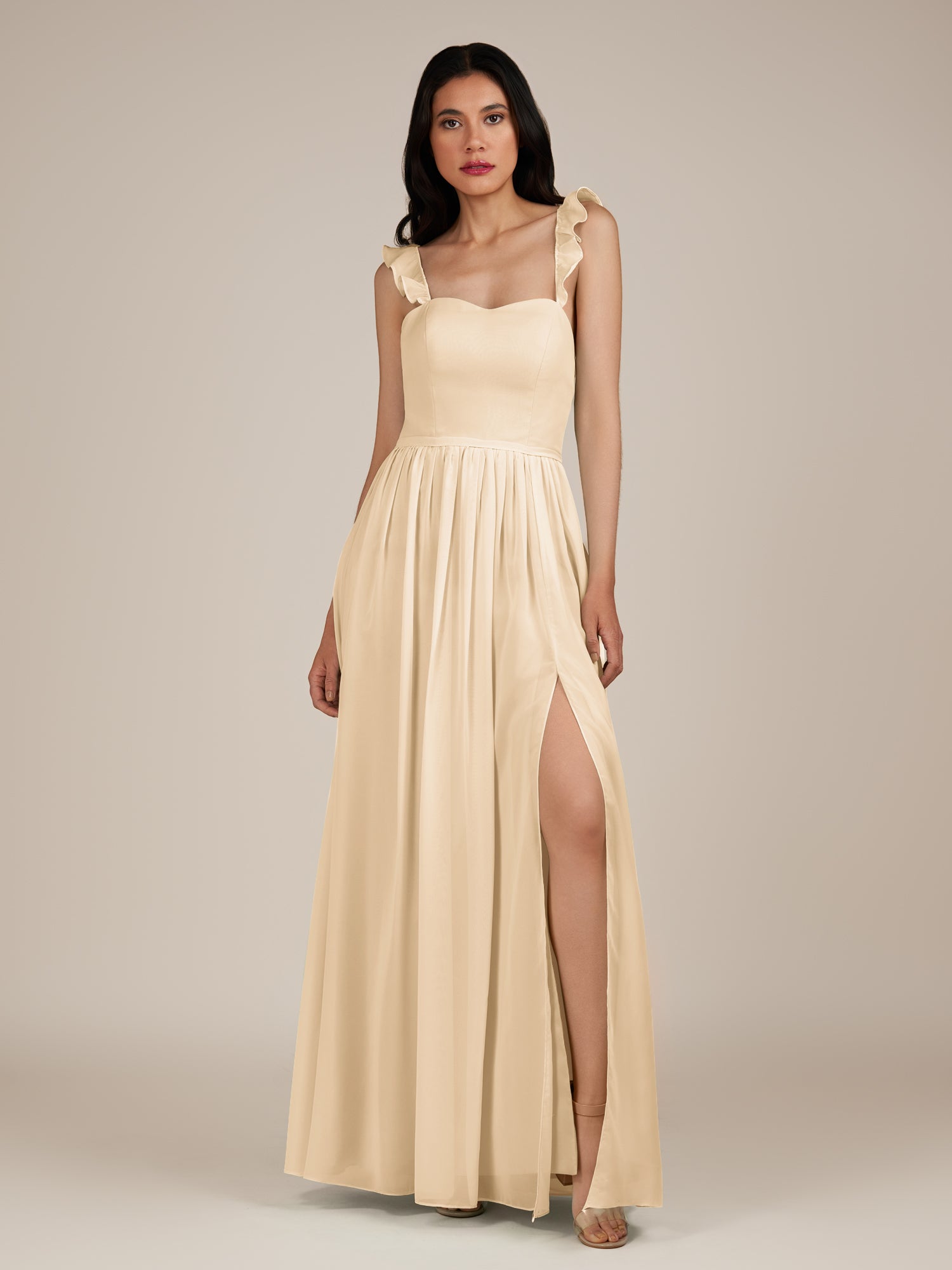 KissDress-Onyx Champagne A Line Sweetheart Chiffon Ruffled Long Bridesmaid Dress with Slit