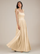 KissDress-Onyx Champagne A Line Sweetheart Chiffon Ruffled Long Bridesmaid Dress with Slit
