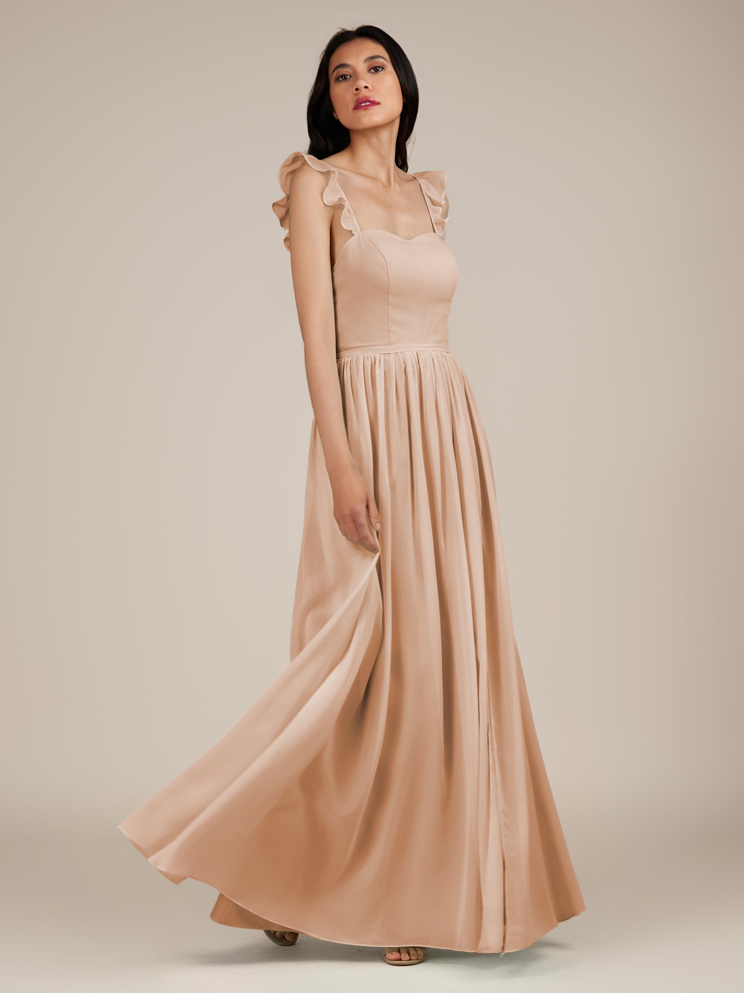 KissDress-Onyx Champagne Rose A Line Sweetheart Chiffon Ruffled Long Bridesmaid Dress with Slit