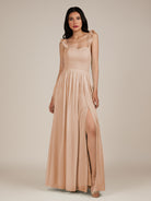 KissDress-Onyx Champagne Rose A Line Sweetheart Chiffon Ruffled Long Bridesmaid Dress with Slit