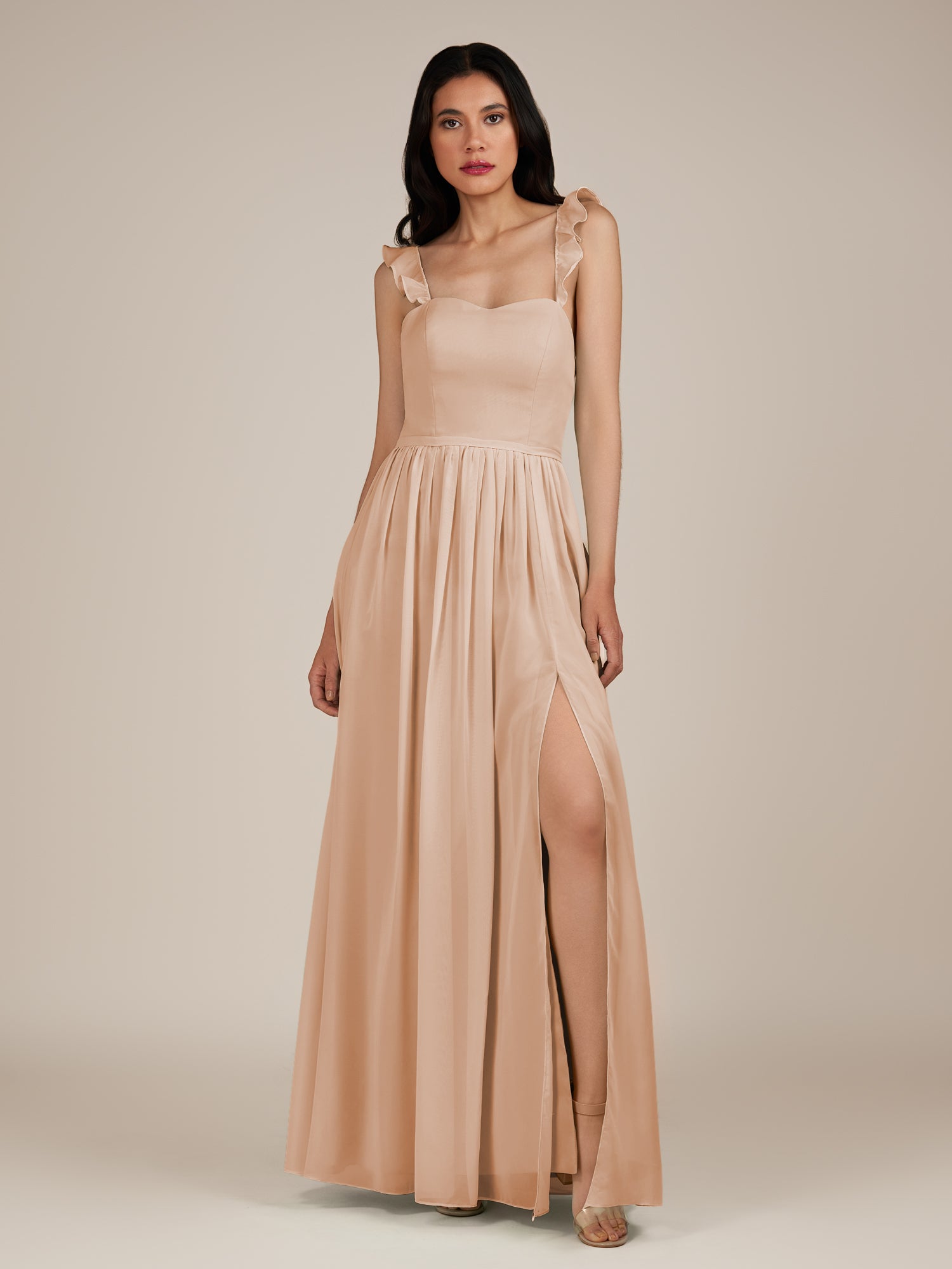 KissDress-Onyx Champagne Rose A Line Sweetheart Chiffon Ruffled Long Bridesmaid Dress with Slit