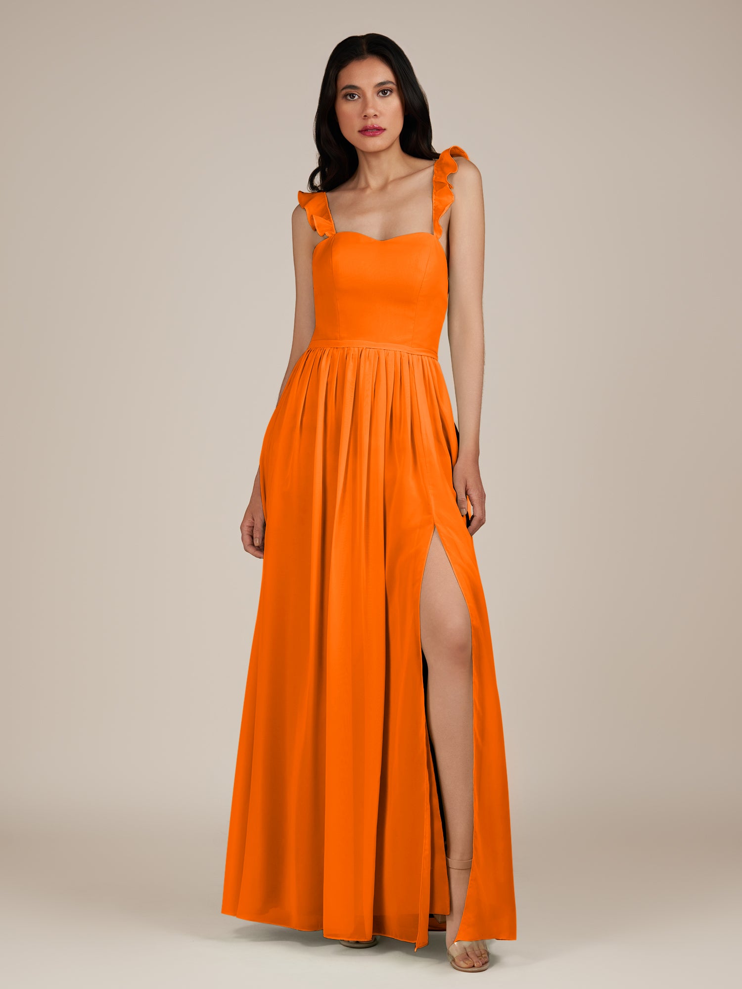 KissDress-Onyx Cinnamon A Line Sweetheart Chiffon Ruffled Long Bridesmaid Dress with Slit