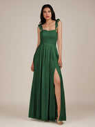 KissDress-Onyx Dark Green A Line Sweetheart Chiffon Ruffled Long Bridesmaid Dress with Slit