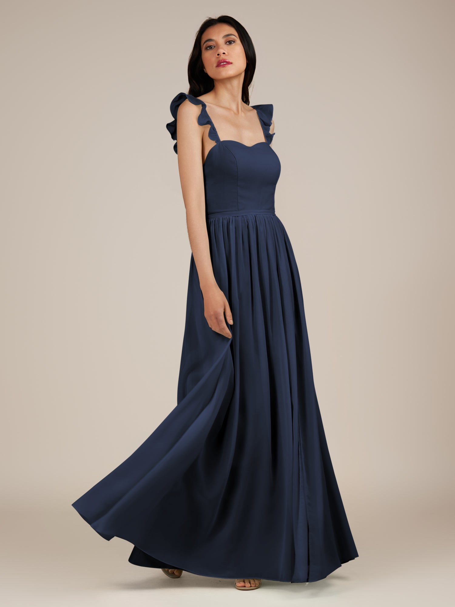 KissDress-Onyx Dark Navy A Line Sweetheart Chiffon Ruffled Long Bridesmaid Dress with Slit