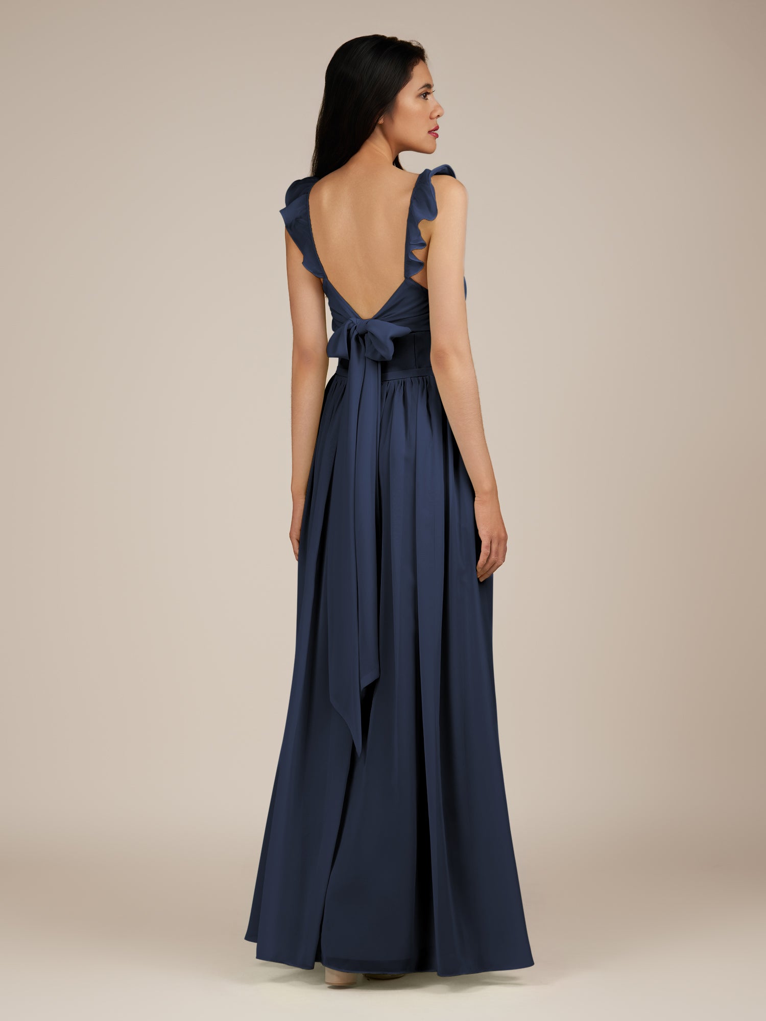 KissDress-Onyx Dark Navy A Line Sweetheart Chiffon Ruffled Long Bridesmaid Dress with Slit