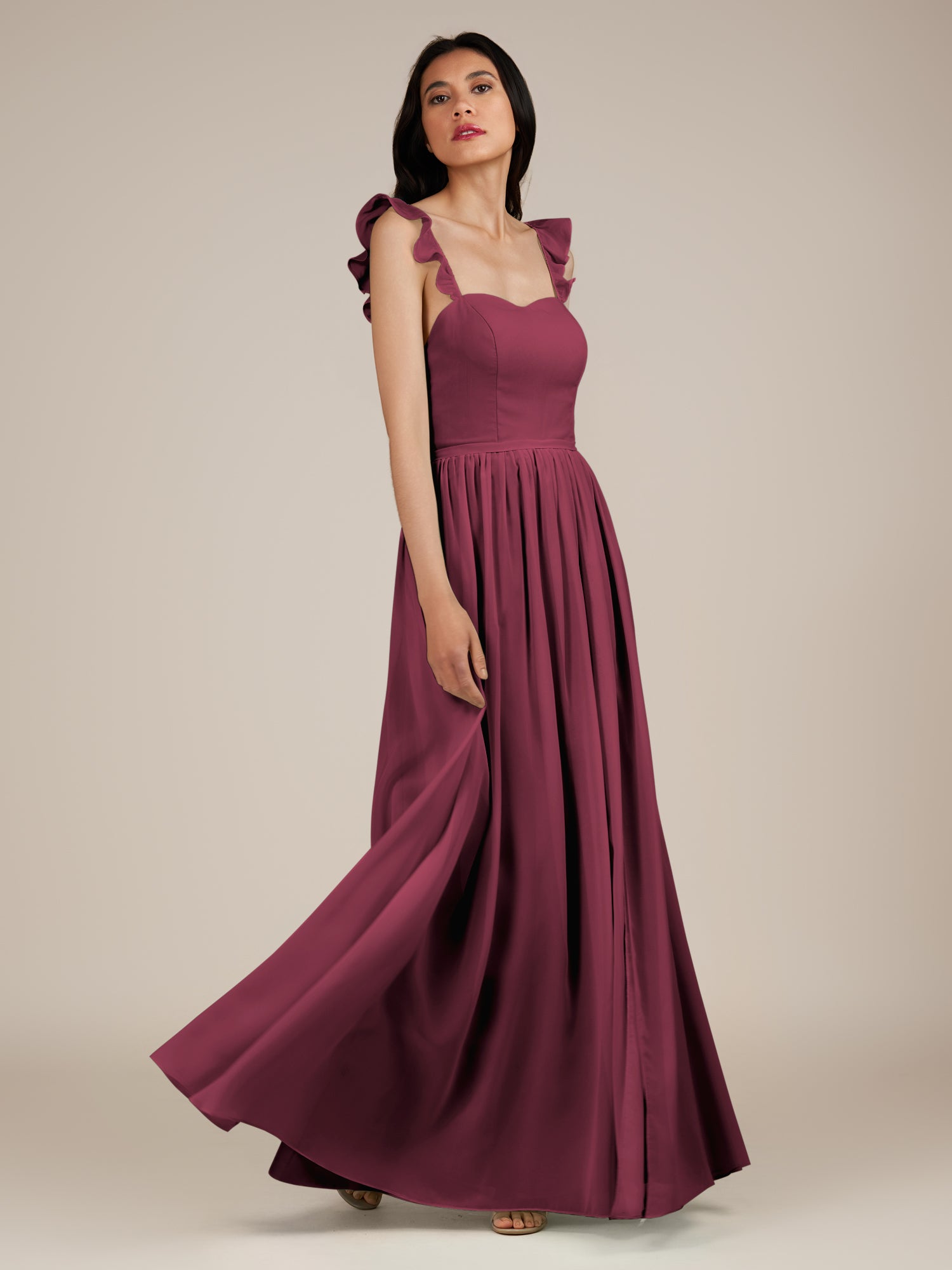 KissDress-Onyx Desert Rose A Line Sweetheart Chiffon Ruffled Long Bridesmaid Dress with Slit