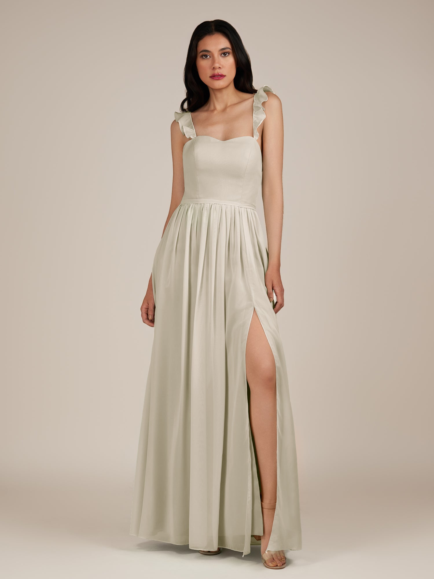 KissDress-Onyx Dove Gray A Line Sweetheart Chiffon Ruffled Long Bridesmaid Dress with Slit
