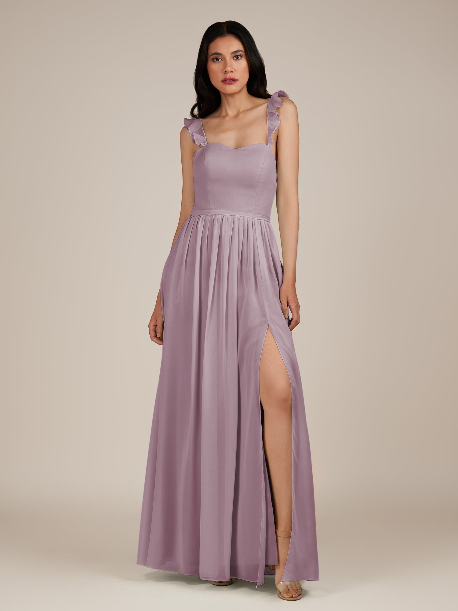 KissDress-Onyx Dusk A Line Sweetheart Chiffon Ruffled Long Bridesmaid Dress with Slit