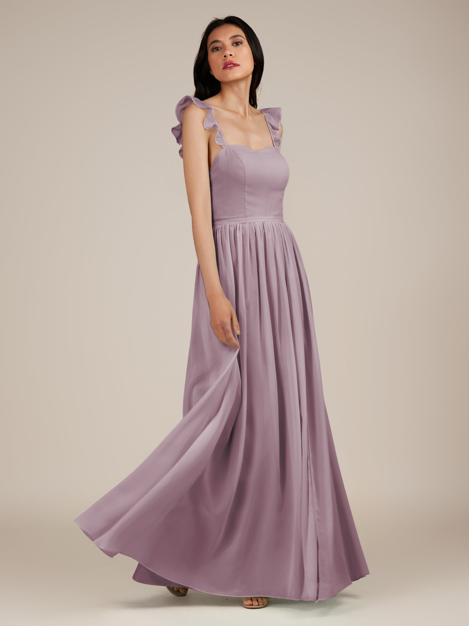 KissDress-Onyx Dusk A Line Sweetheart Chiffon Ruffled Long Bridesmaid Dress with Slit