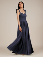 KissDress-Onyx Dusk Blue A Line Sweetheart Chiffon Ruffled Long Bridesmaid Dress with Slit