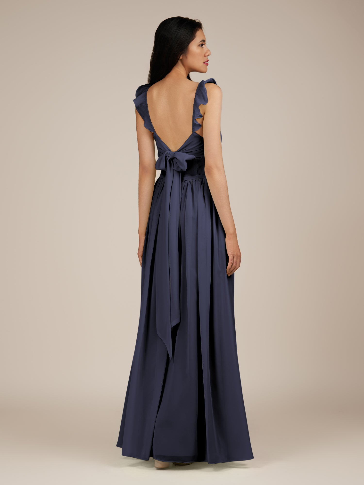 KissDress-Onyx Dusk Blue A Line Sweetheart Chiffon Ruffled Long Bridesmaid Dress with Slit