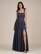 KissDress-Onyx Dusk Blue A Line Sweetheart Chiffon Ruffled Long Bridesmaid Dress with Slit