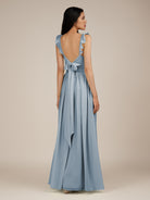KissDress-Onyx Dusty Blue A Line Sweetheart Chiffon Ruffled Long Bridesmaid Dress with Slit
