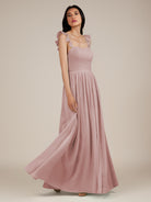 KissDress-Onyx Dusty Rose A Line Sweetheart Chiffon Ruffled Long Bridesmaid Dress with Slit