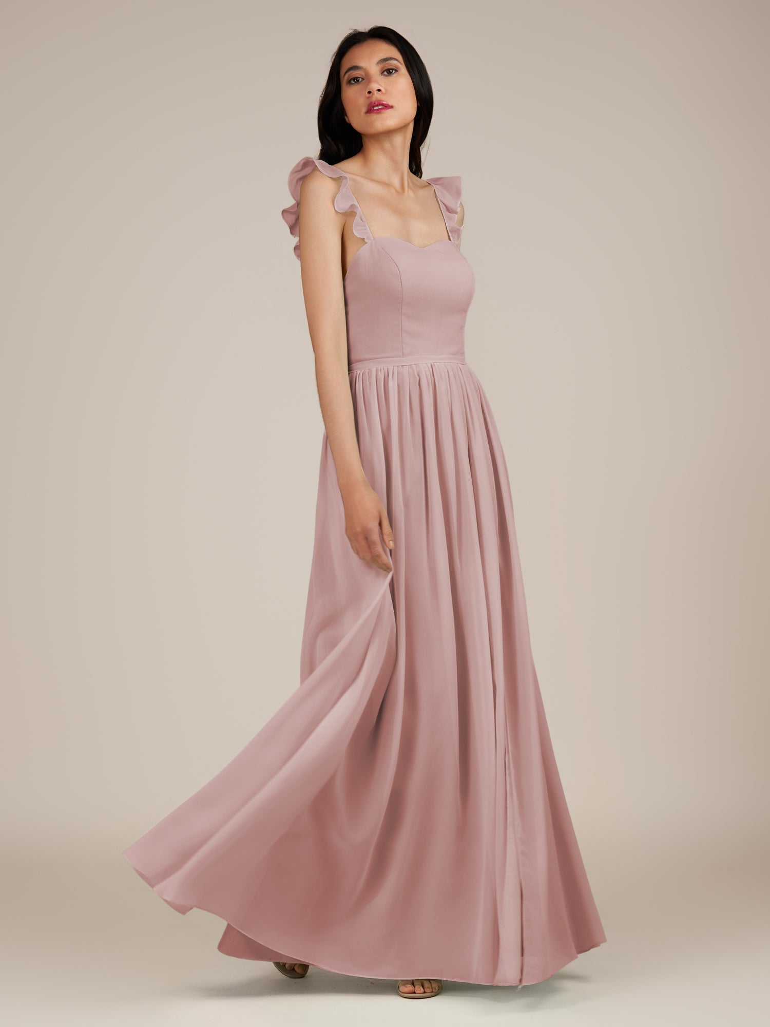 KissDress-Onyx Dusty Rose A Line Sweetheart Chiffon Ruffled Long Bridesmaid Dress with Slit