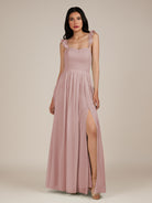 KissDress-Onyx Dusty Rose A Line Sweetheart Chiffon Ruffled Long Bridesmaid Dress with Slit