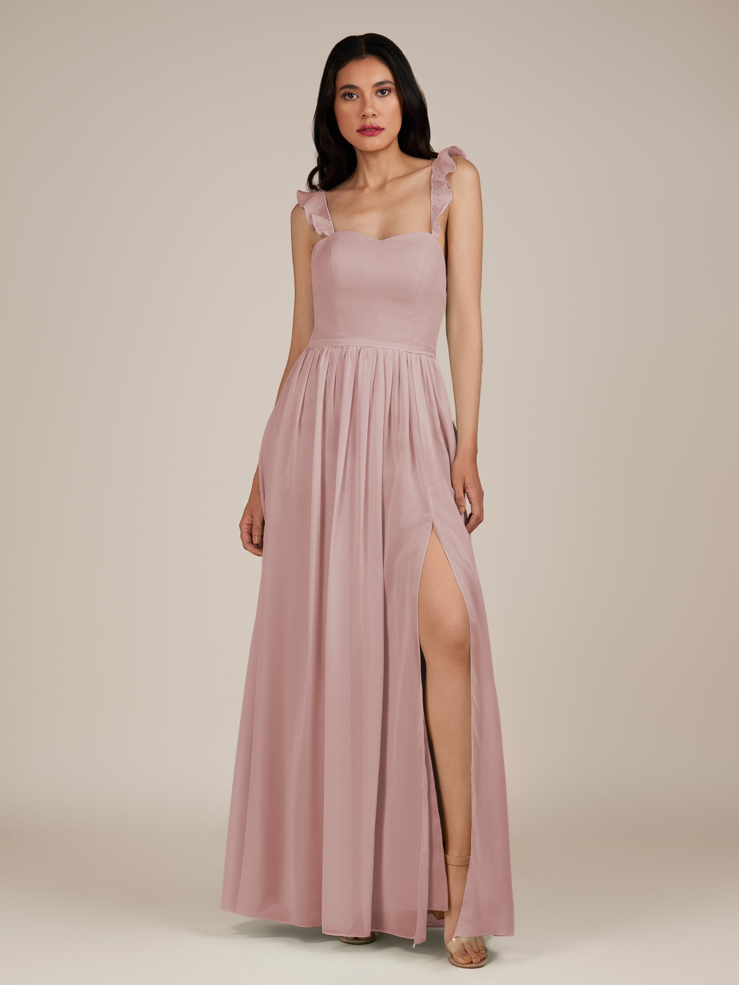 KissDress-Onyx Dusty Rose A Line Sweetheart Chiffon Ruffled Long Bridesmaid Dress with Slit