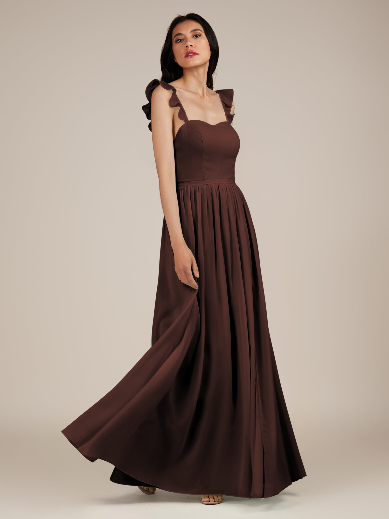 KissDress-Onyx Espresso A Line Sweetheart Chiffon Ruffled Long Bridesmaid Dress with Slit