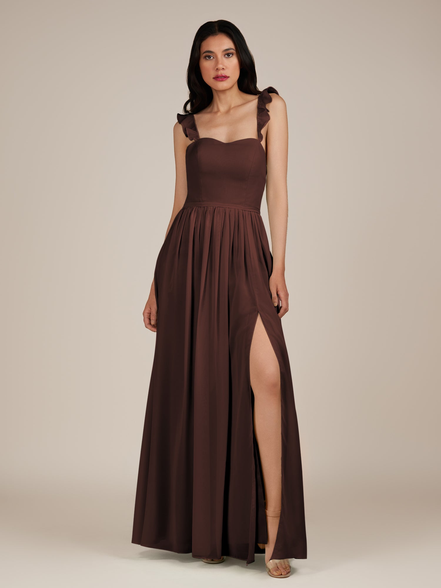 KissDress-Onyx Espresso A Line Sweetheart Chiffon Ruffled Long Bridesmaid Dress with Slit