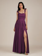 KissDress-Onyx Fig A Line Sweetheart Chiffon Ruffled Long Bridesmaid Dress with Slit