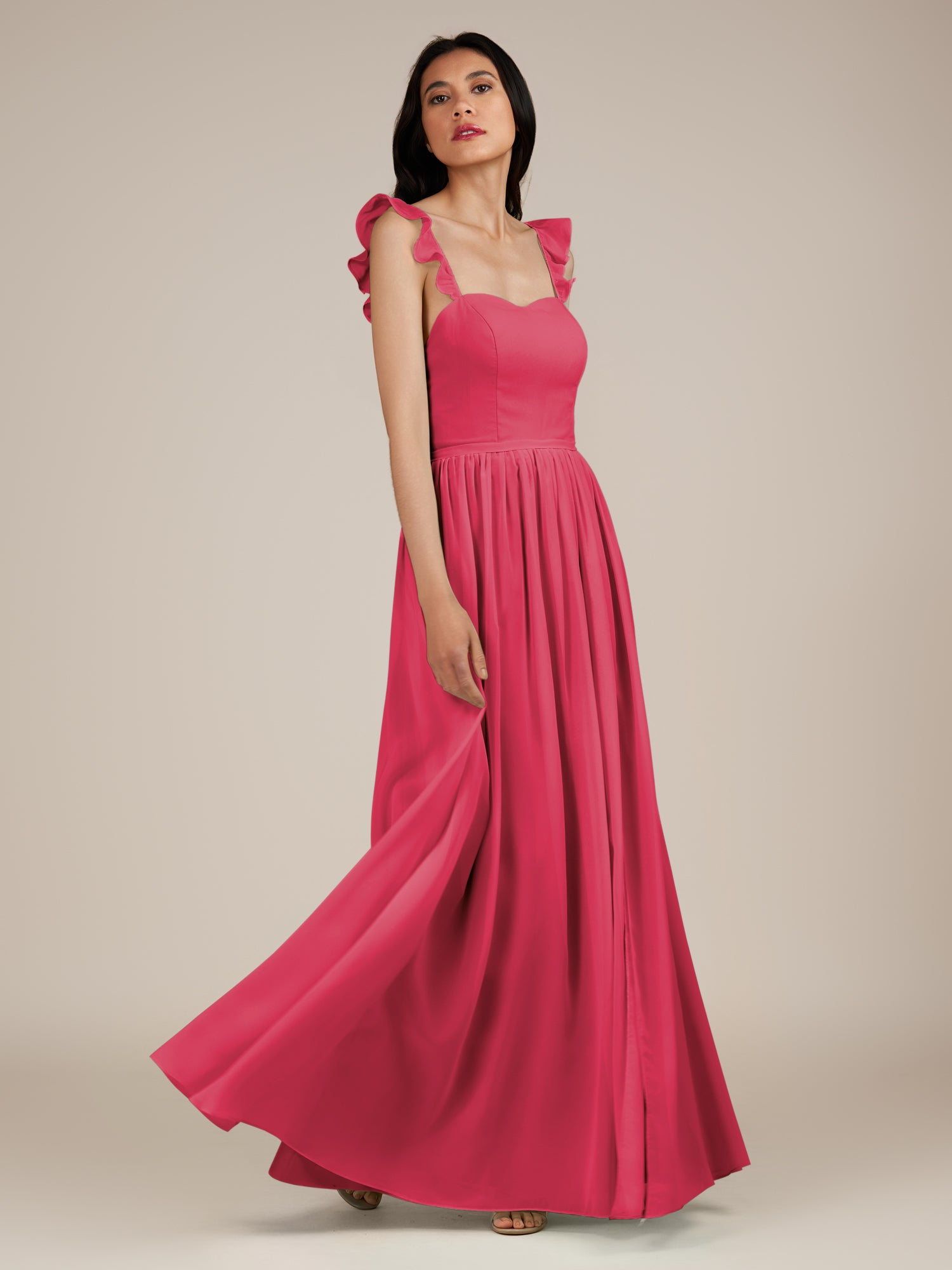 KissDress-Onyx Fuchsia A Line Sweetheart Chiffon Ruffled Long Bridesmaid Dress with Slit