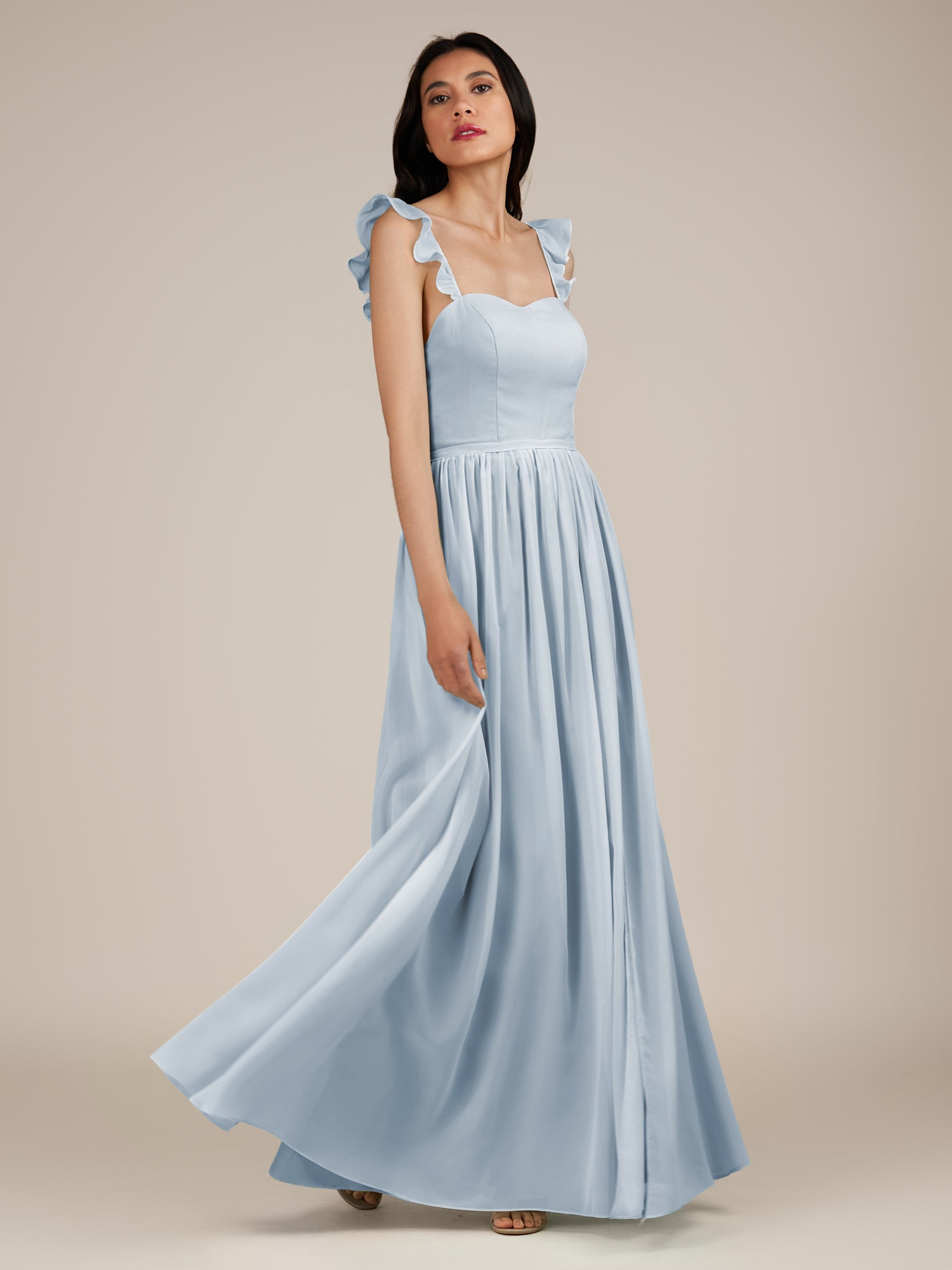 KissDress-Onyx Ice A Line Sweetheart Chiffon Ruffled Long Bridesmaid Dress with Slit