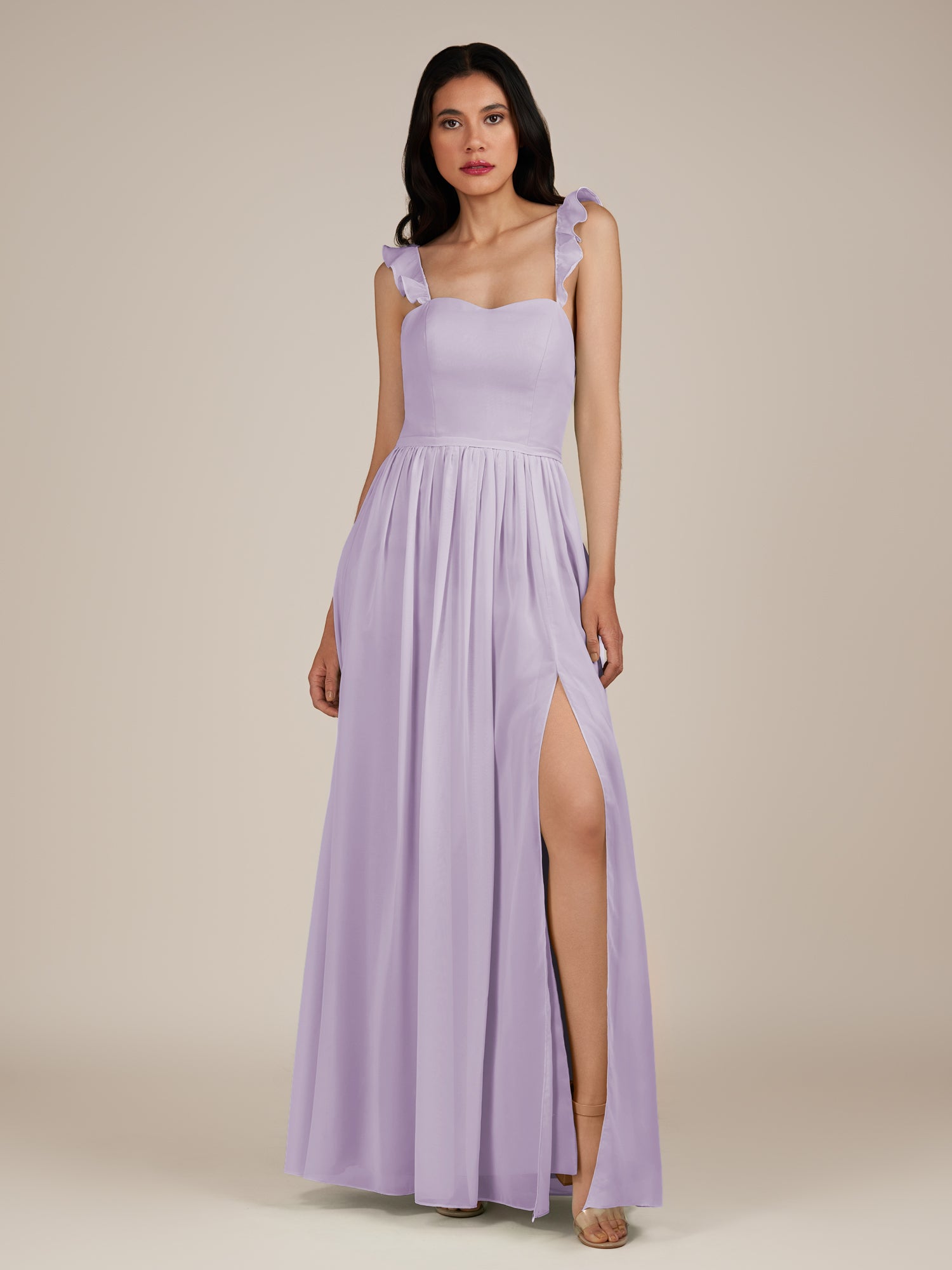 KissDress-Onyx Lavender A Line Sweetheart Chiffon Ruffled Long Bridesmaid Dress with Slit