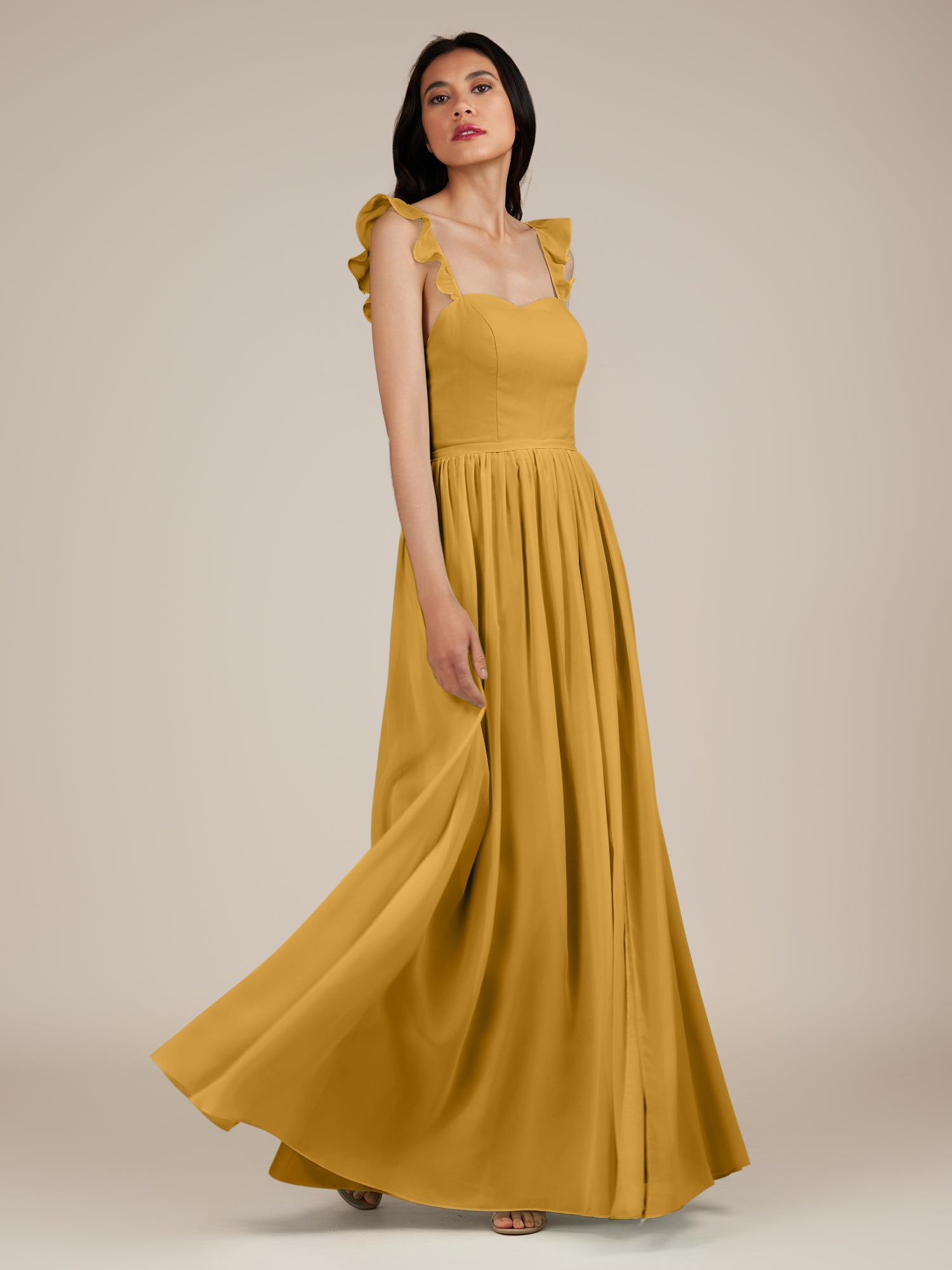 KissDress-Onyx Marigold A Line Sweetheart Chiffon Ruffled Long Bridesmaid Dress with Slit