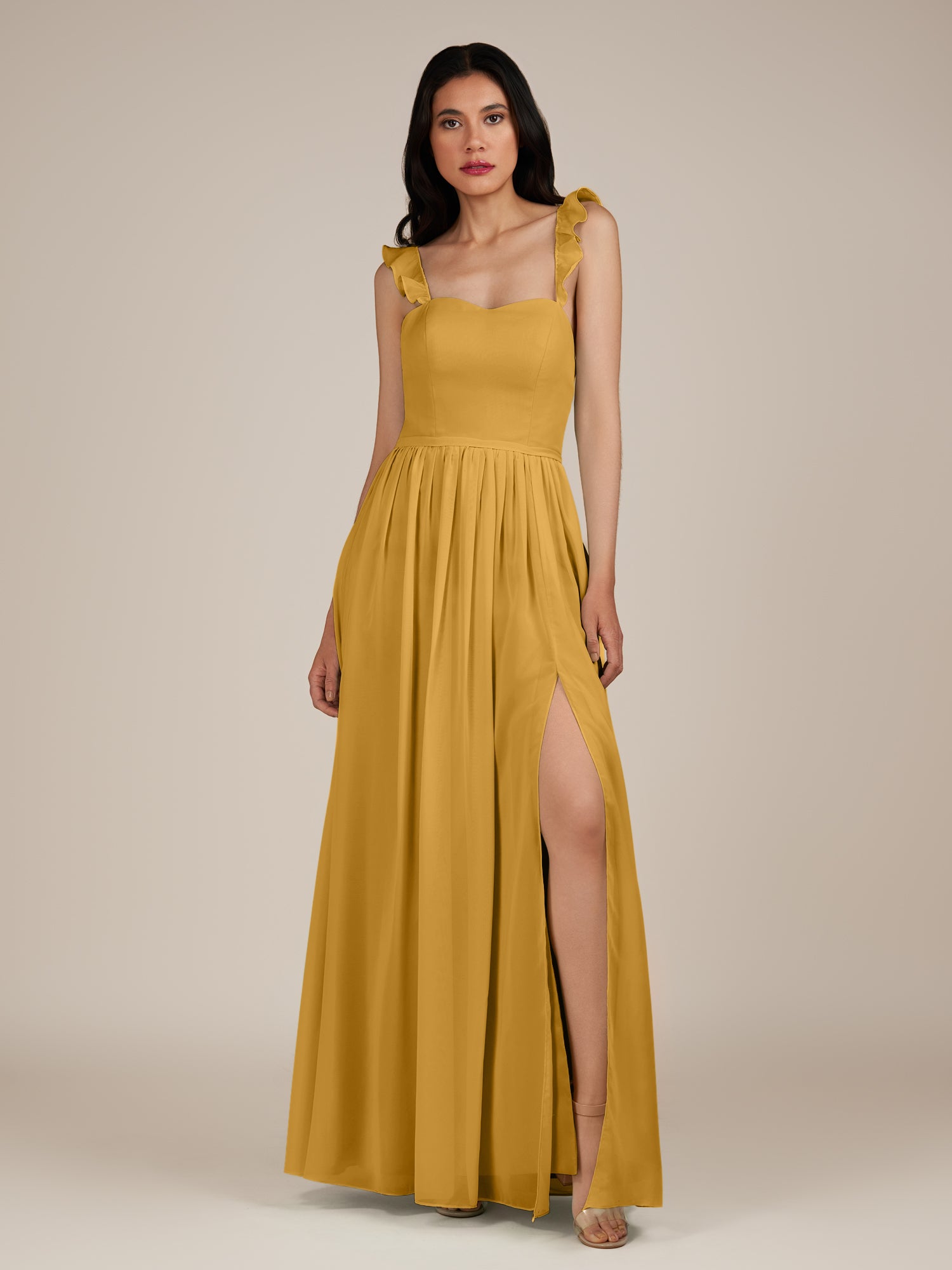 KissDress-Onyx Marigold A Line Sweetheart Chiffon Ruffled Long Bridesmaid Dress with Slit