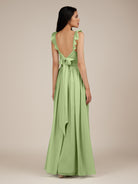 KissDress-Onyx Matcha A Line Sweetheart Chiffon Ruffled Long Bridesmaid Dress with Slit
