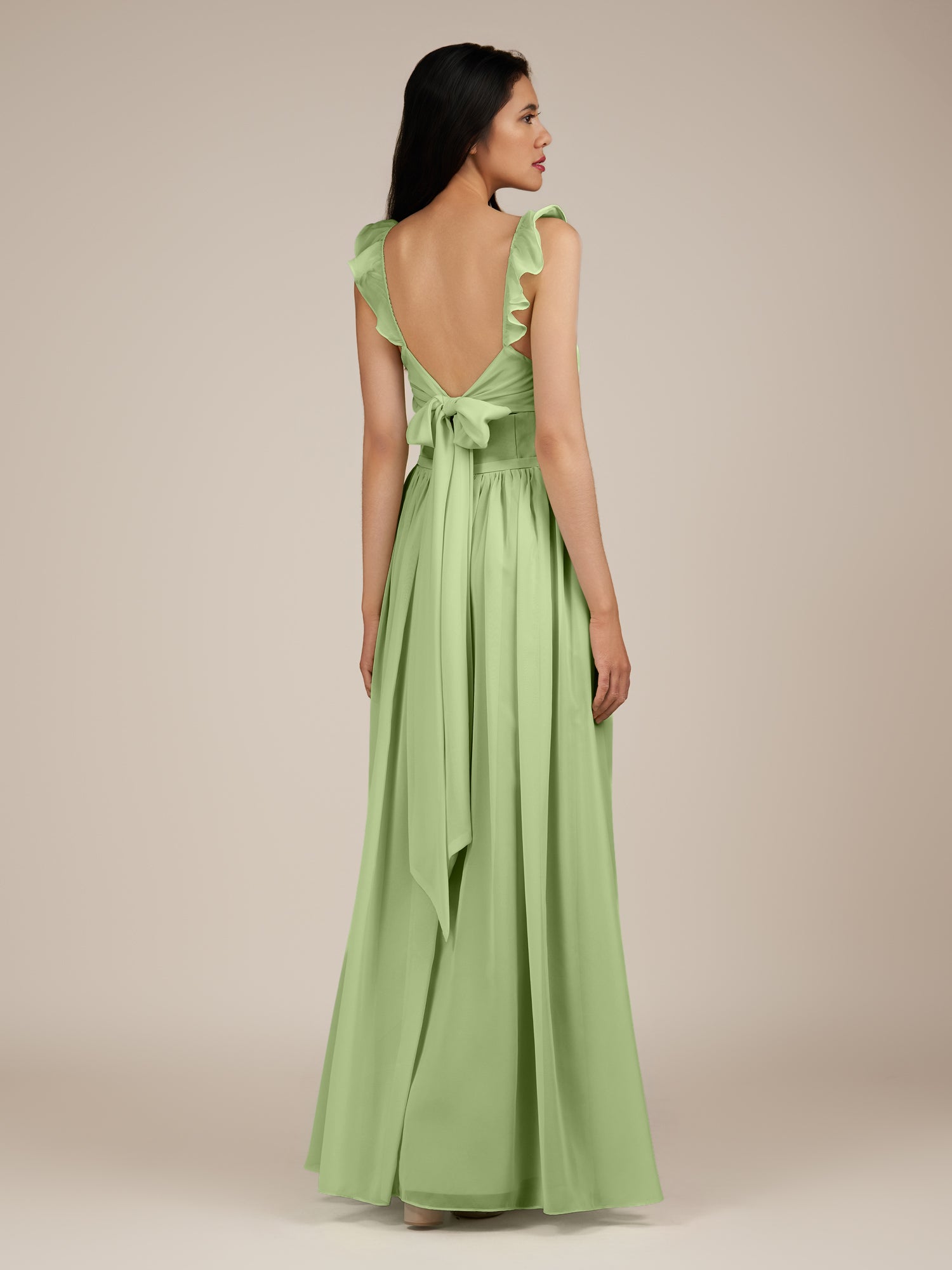 KissDress-Onyx Matcha A Line Sweetheart Chiffon Ruffled Long Bridesmaid Dress with Slit