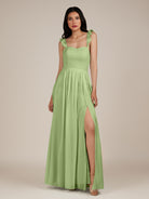 KissDress-Onyx Matcha A Line Sweetheart Chiffon Ruffled Long Bridesmaid Dress with Slit