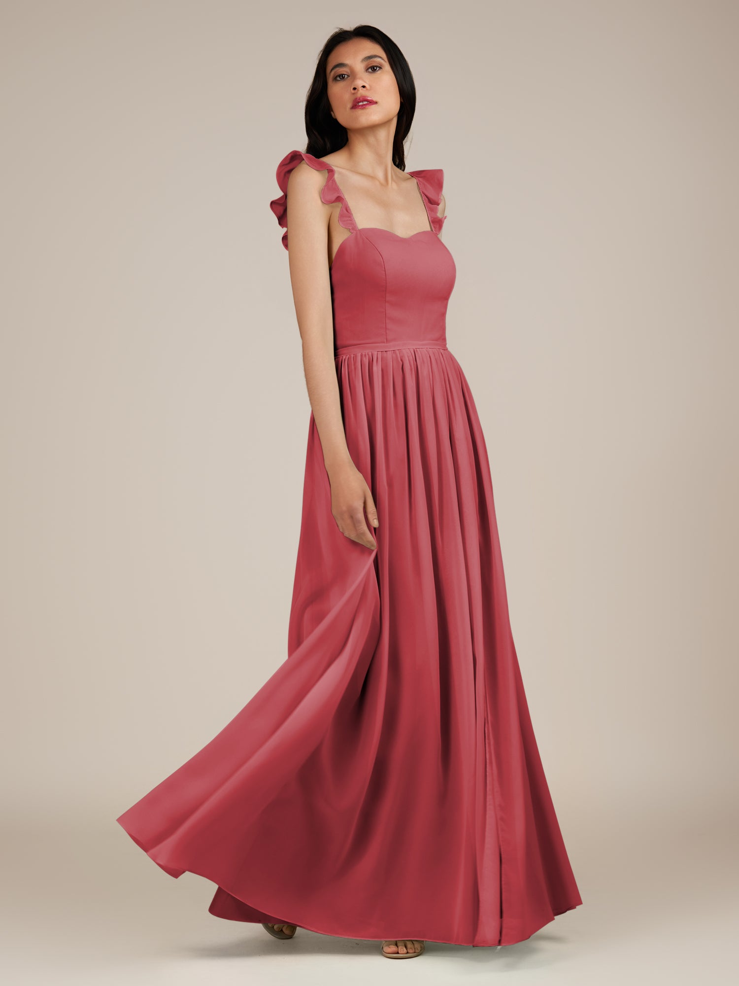 KissDress-Onyx Merlot A Line Sweetheart Chiffon Ruffled Long Bridesmaid Dress with Slit