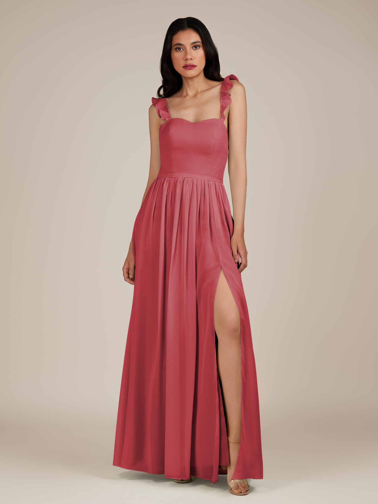 KissDress-Onyx Merlot A Line Sweetheart Chiffon Ruffled Long Bridesmaid Dress with Slit
