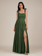 KissDress-Onyx Moss A Line Sweetheart Chiffon Ruffled Long Bridesmaid Dress with Slit