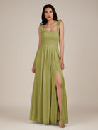 KissDress-Onyx Moss Green A Line Sweetheart Chiffon Ruffled Long Bridesmaid Dress with Slit