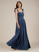KissDress-Onyx Navy A Line Sweetheart Chiffon Ruffled Long Bridesmaid Dress with Slit
