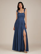 KissDress-Onyx Navy A Line Sweetheart Chiffon Ruffled Long Bridesmaid Dress with Slit