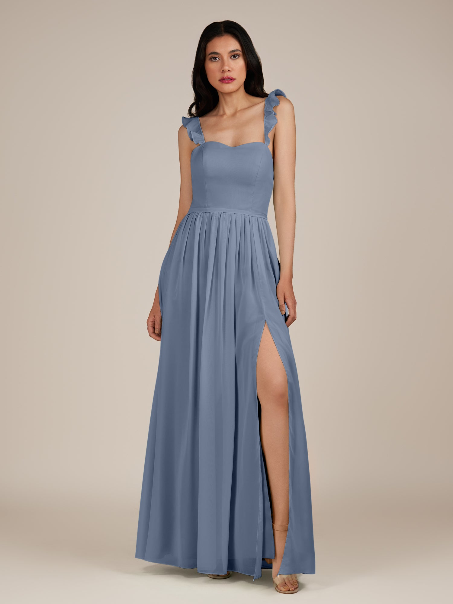 KissDress-Onyx Neptune A Line Sweetheart Chiffon Ruffled Long Bridesmaid Dress with Slit
