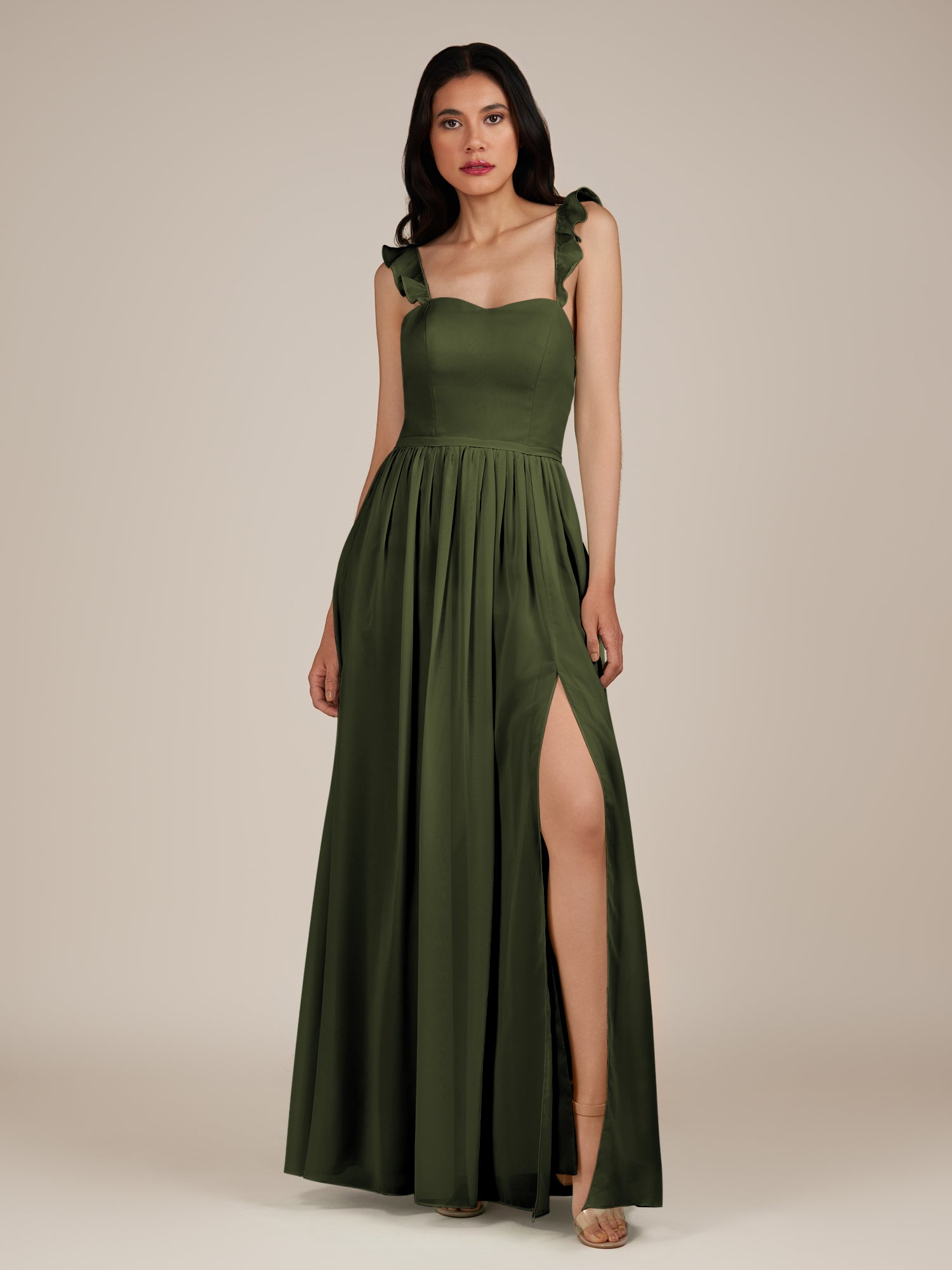 KissDress-Onyx Olive A Line Sweetheart Chiffon Ruffled Long Bridesmaid Dress with Slit