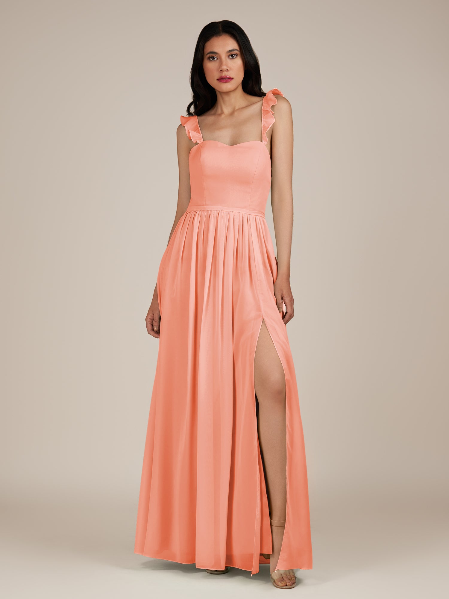 KissDress-Onyx Rosette A Line Sweetheart Chiffon Ruffled Long Bridesmaid Dress with Slit