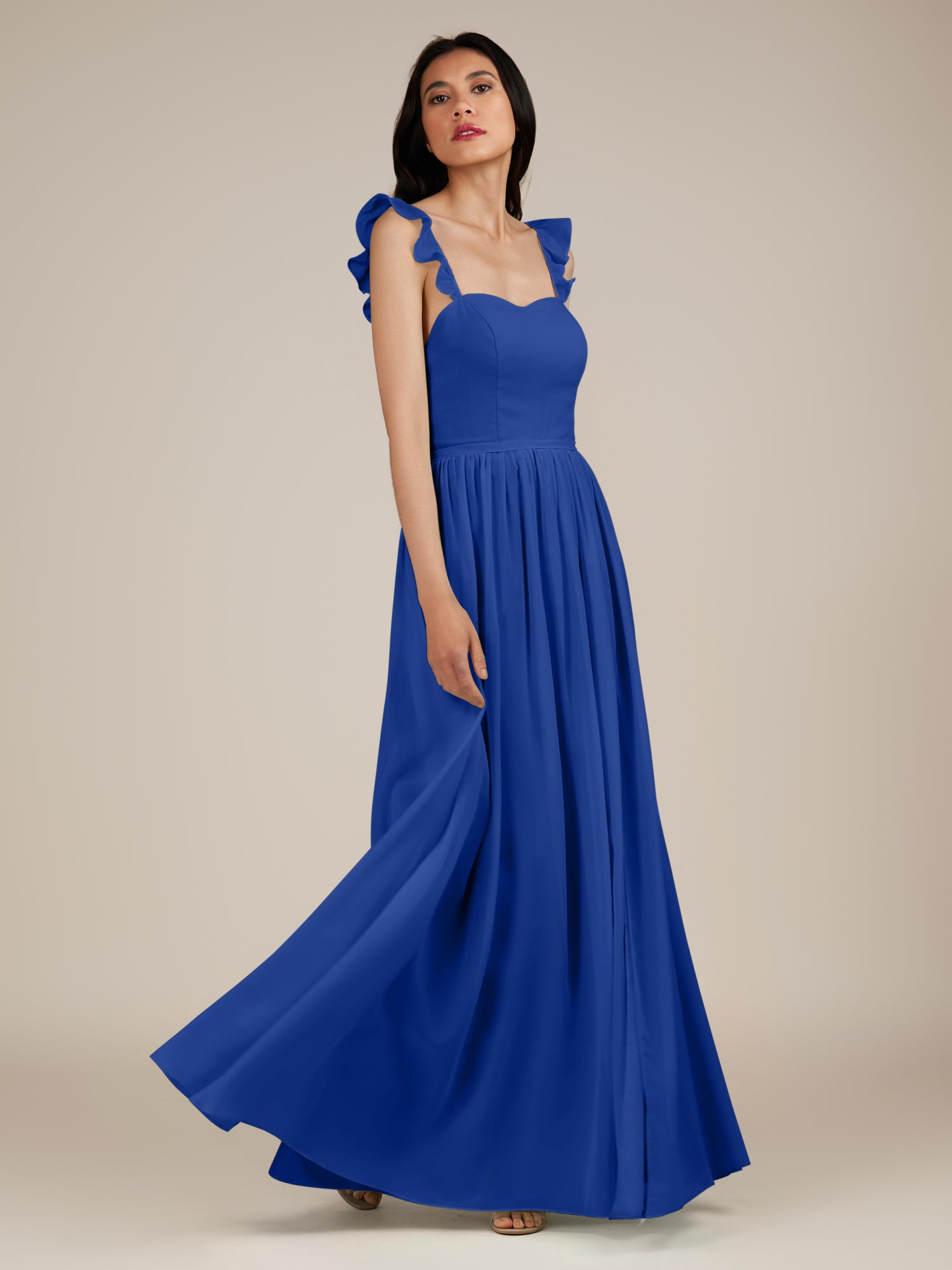 KissDress-Onyx Royal Blue A Line Sweetheart Chiffon Ruffled Long Bridesmaid Dress with Slit