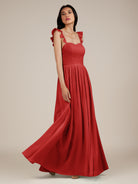 KissDress-Onyx Ruby Red A Line Sweetheart Chiffon Ruffled Long Bridesmaid Dress with Slit
