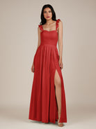 KissDress-Onyx Ruby Red A Line Sweetheart Chiffon Ruffled Long Bridesmaid Dress with Slit