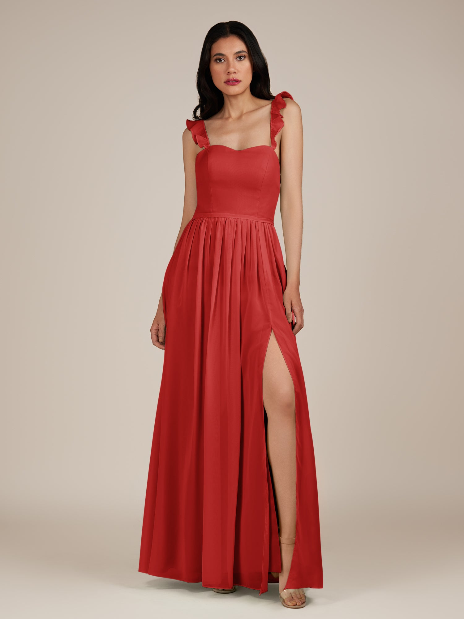 KissDress-Onyx Ruby Red A Line Sweetheart Chiffon Ruffled Long Bridesmaid Dress with Slit