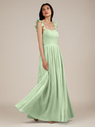 KissDress-Onyx Sage A Line Sweetheart Chiffon Ruffled Long Bridesmaid Dress with Slit
