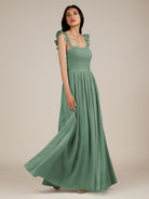 KissDress-Onyx Sea Glass A Line Sweetheart Chiffon Ruffled Long Bridesmaid Dress with Slit