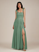 KissDress-Onyx Sea Glass A Line Sweetheart Chiffon Ruffled Long Bridesmaid Dress with Slit